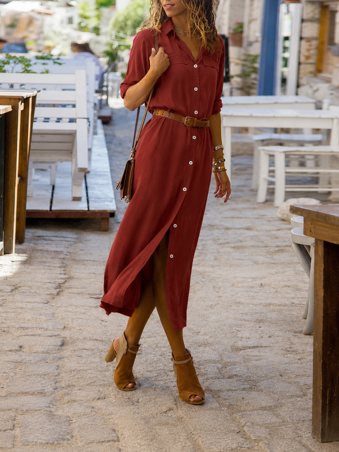 Damen-Midi-Blusenkleid mit Gürtel