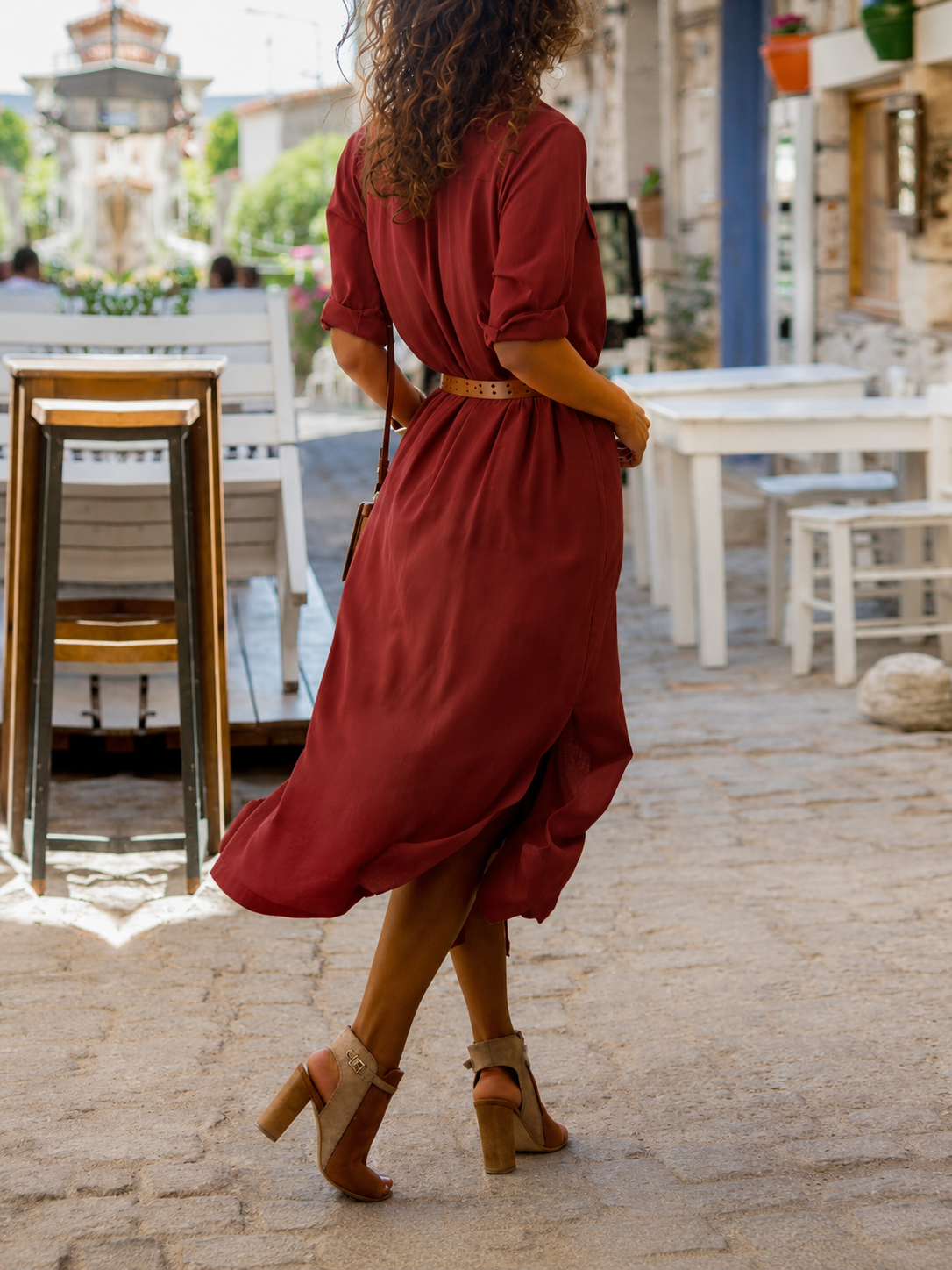 Damen-Midi-Blusenkleid mit Gürtel