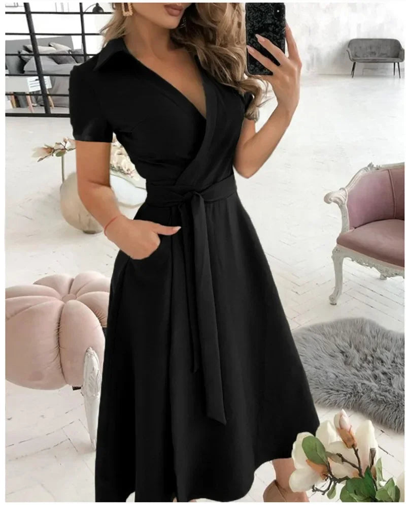 Damen-Midikleid in A-Linie mit Bindegürtel