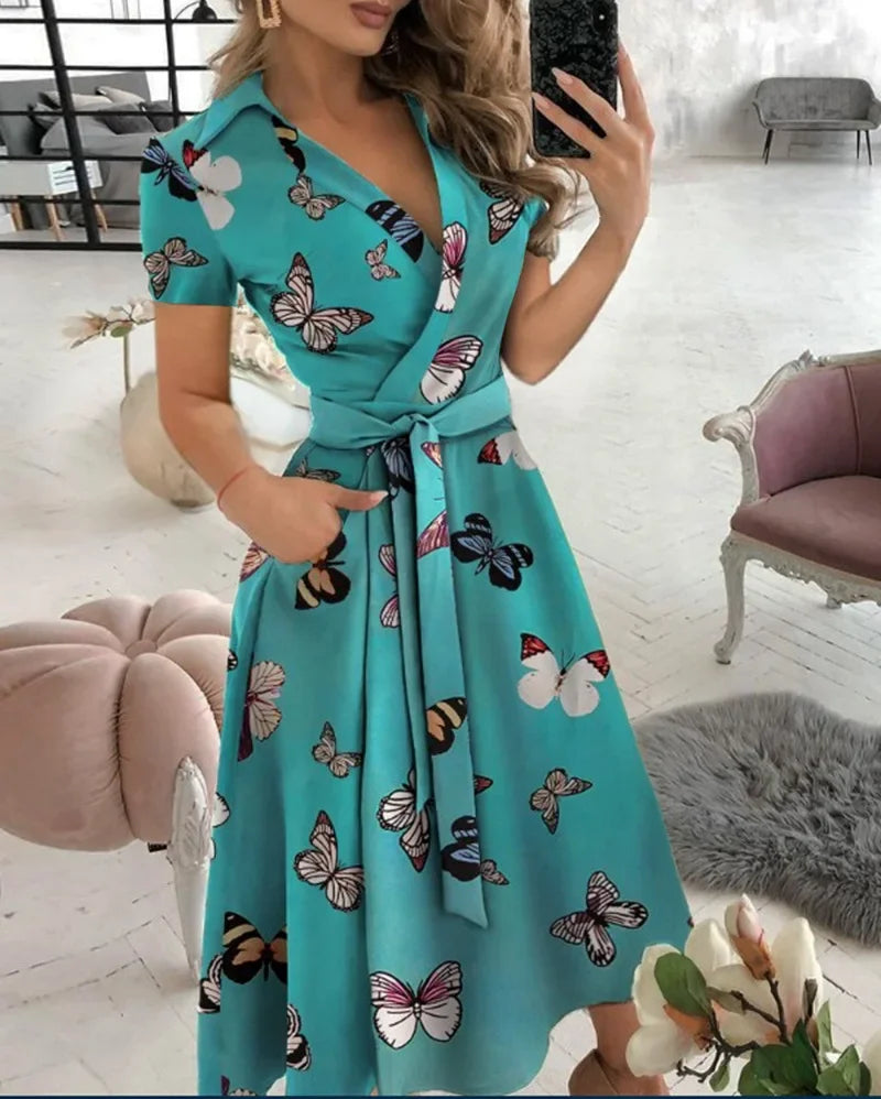 Damen-Midikleid in A-Linie mit Bindegürtel