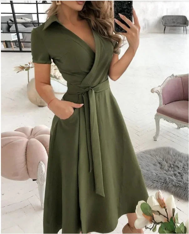 Damen-Midikleid in A-Linie mit Bindegürtel