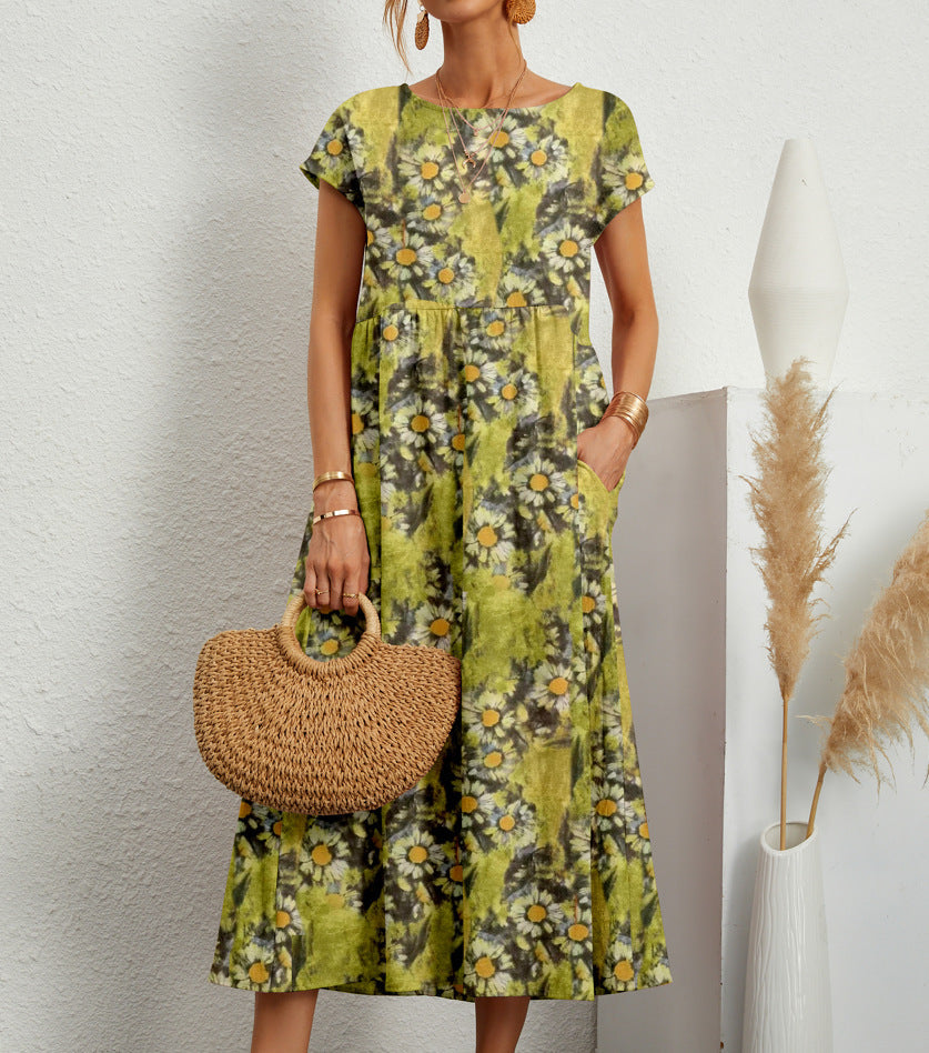 Damen-Midikleid in A-Linie mit Blumenmuster und Taschen