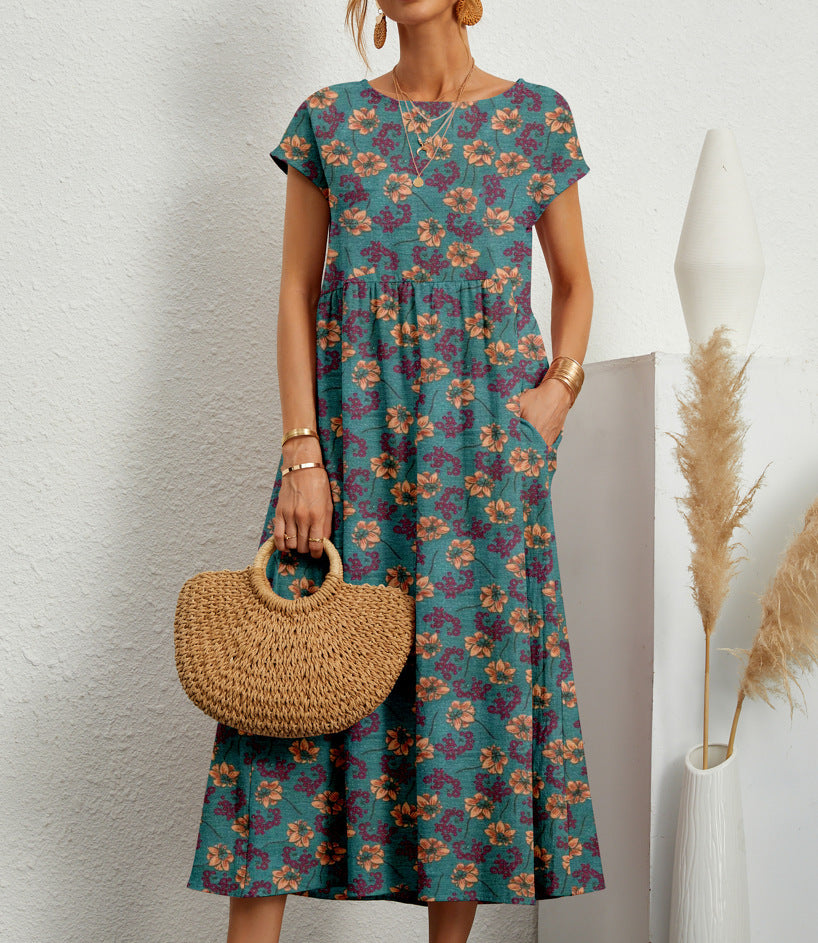 Damen-Midikleid in A-Linie mit Blumenmuster und Taschen