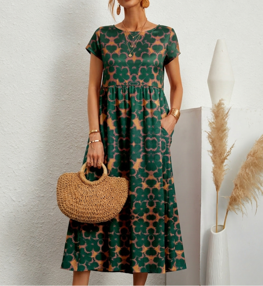 Damen-Midikleid in A-Linie mit Blumenmuster und Taschen