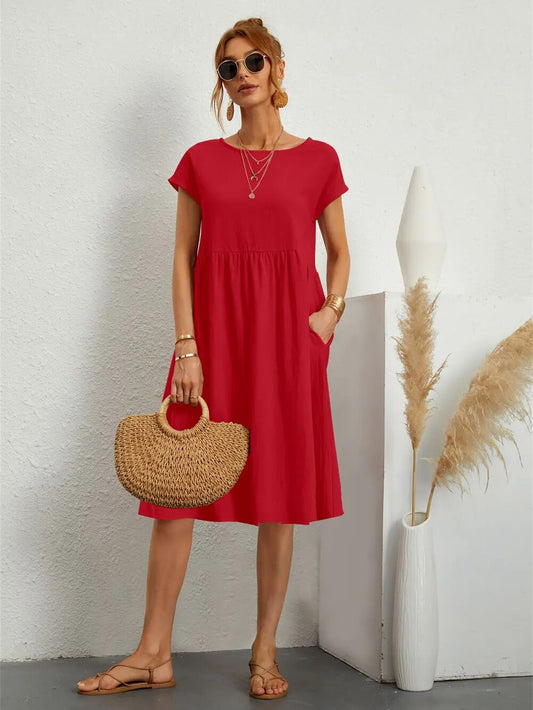 Damen-Midikleid in A-Linie mit Kurzarm und Rundhalsausschnitt