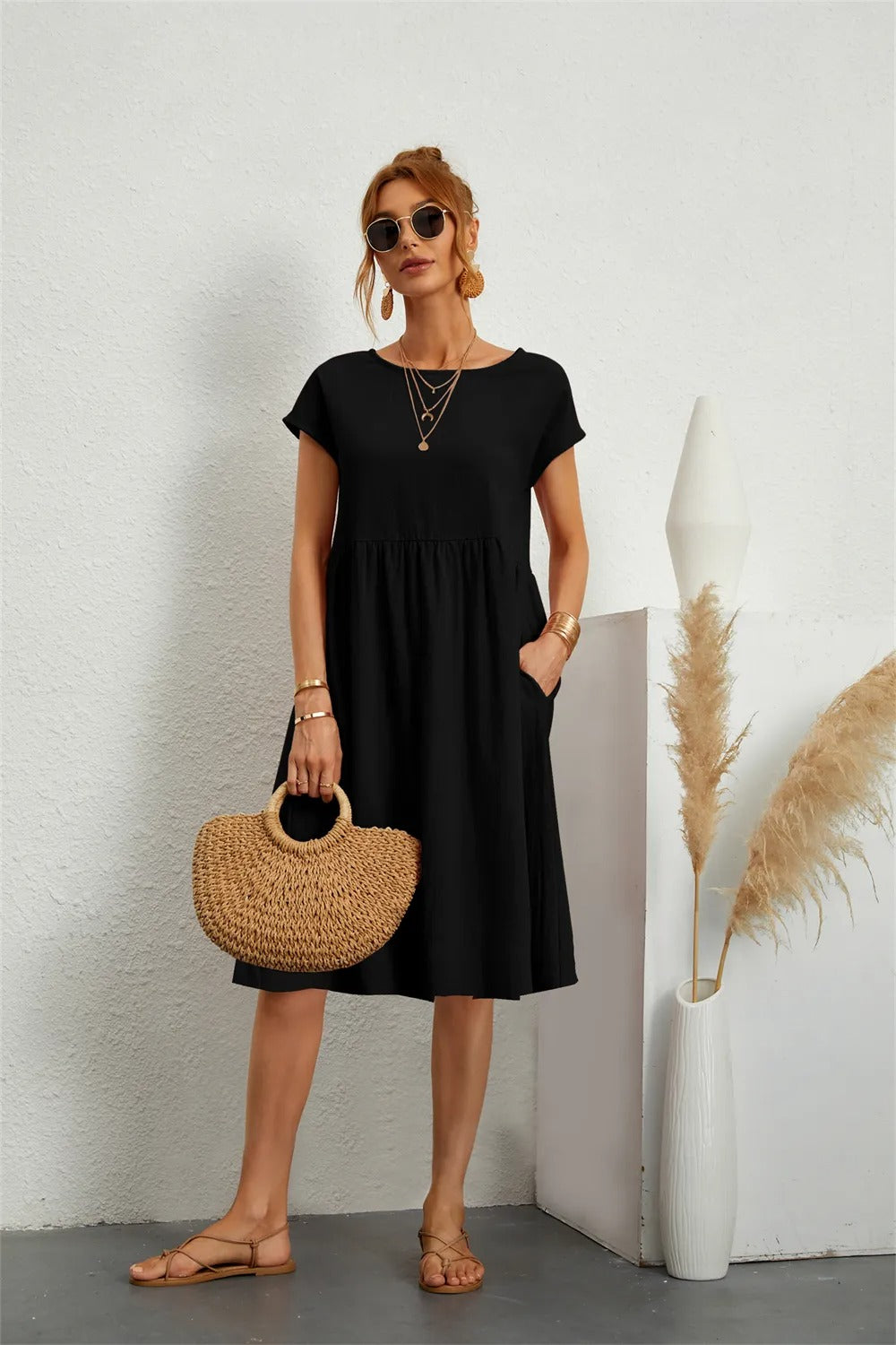 Damen-Midikleid in A-Linie mit Kurzarm und Rundhalsausschnitt