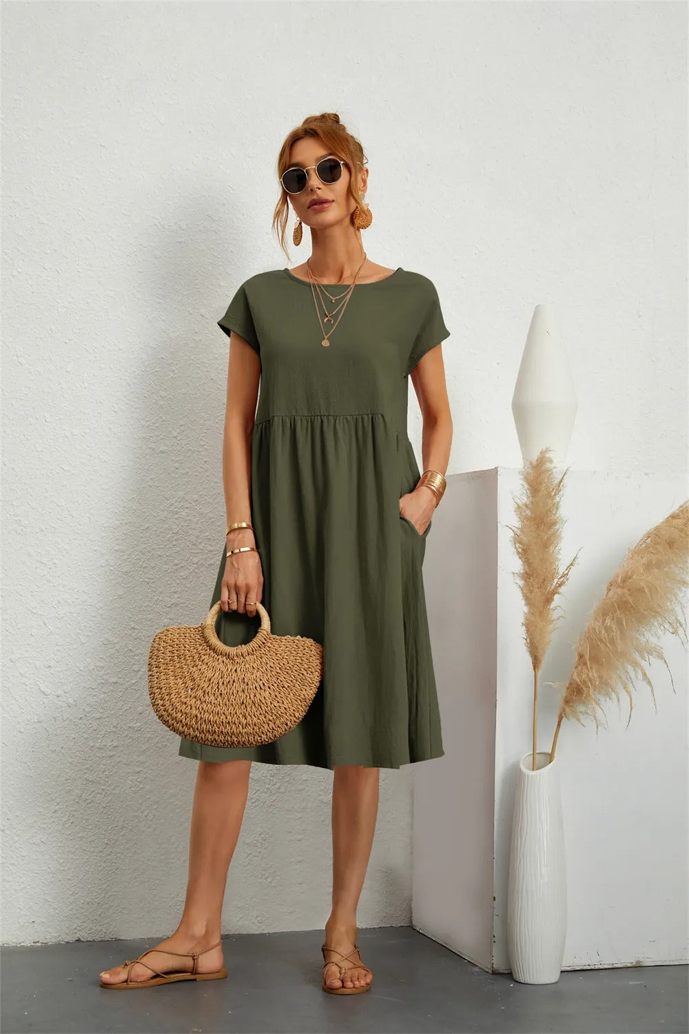 Damen-Midikleid in A-Linie mit Kurzarm und Rundhalsausschnitt