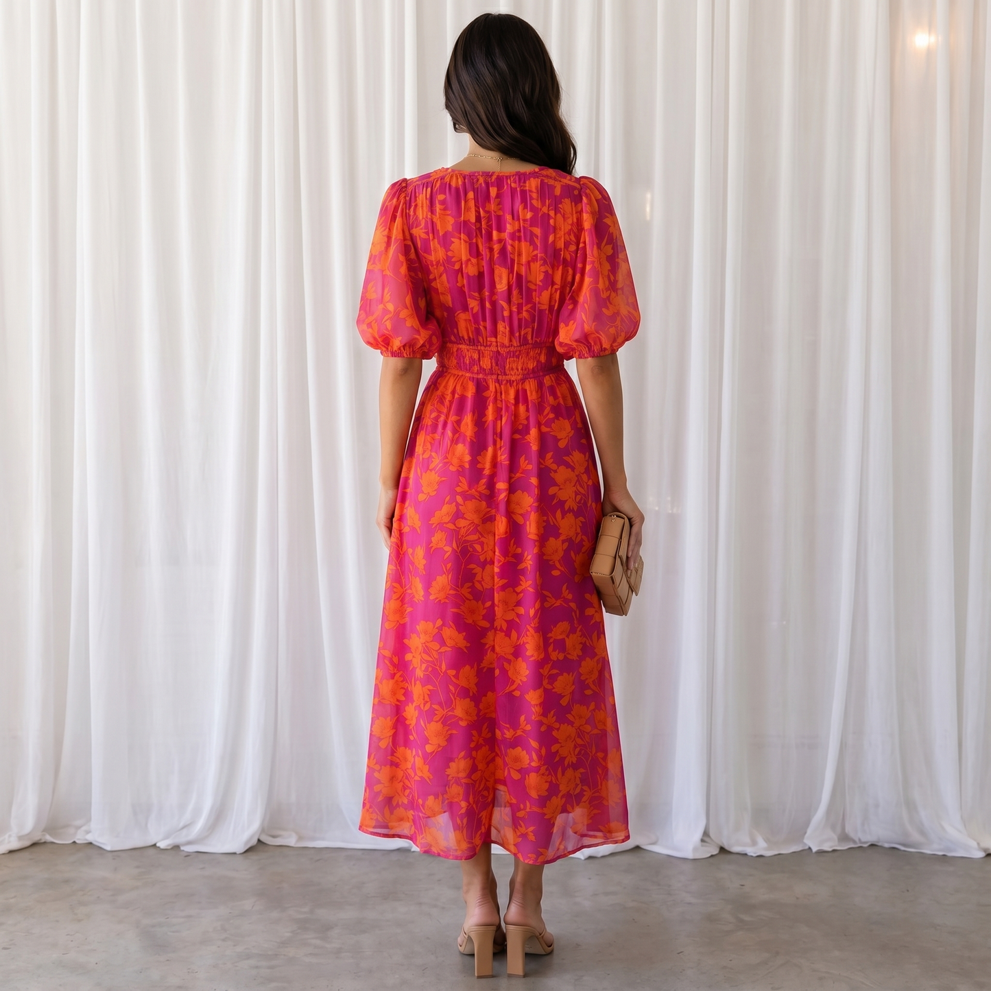 Damen-Midikleid mit Blumenprint | Sommerkleid mit Puffärmeln