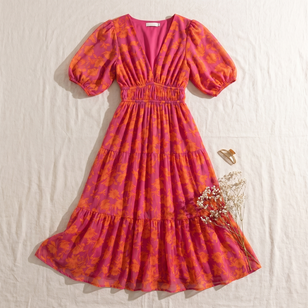 Damen-Midikleid mit Blumenprint | Sommerkleid mit Puffärmeln