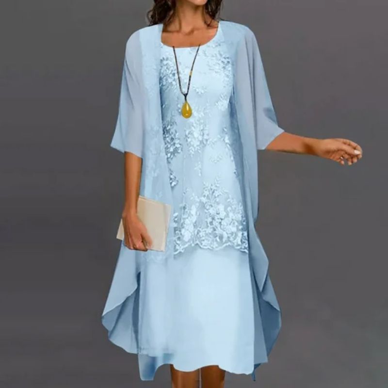 Damen-Midikleid mit Kurzarm, Rundhalsausschnitt und Cape