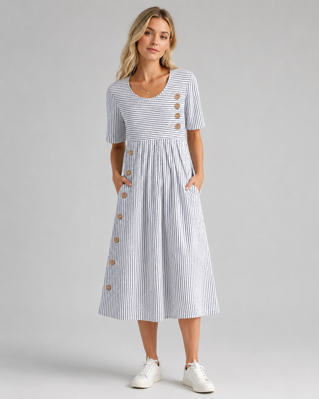 Damen-Midikleid mit Streifenärmeln