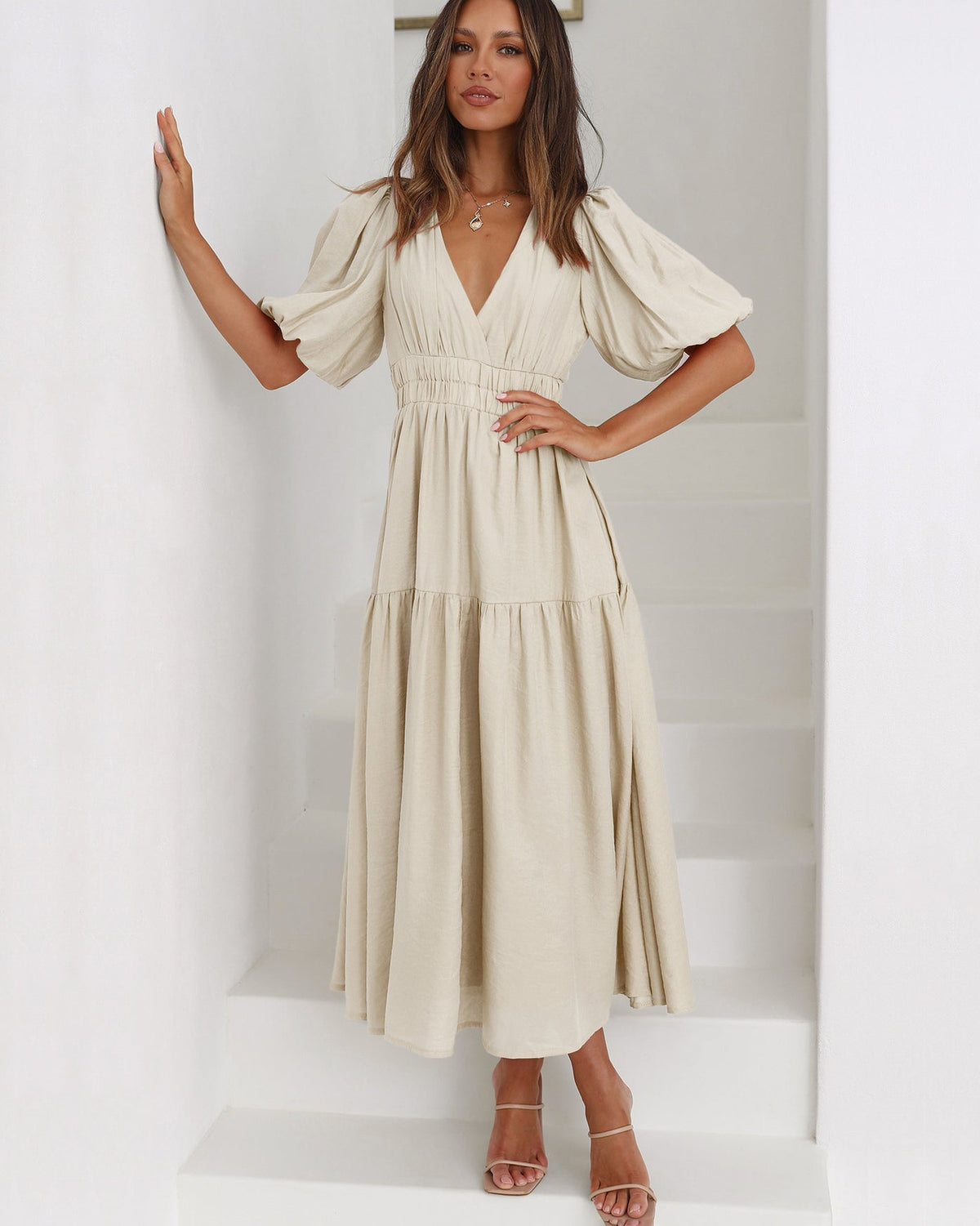 Damen-Midikleid mit V-Ausschnitt und Puffärmeln