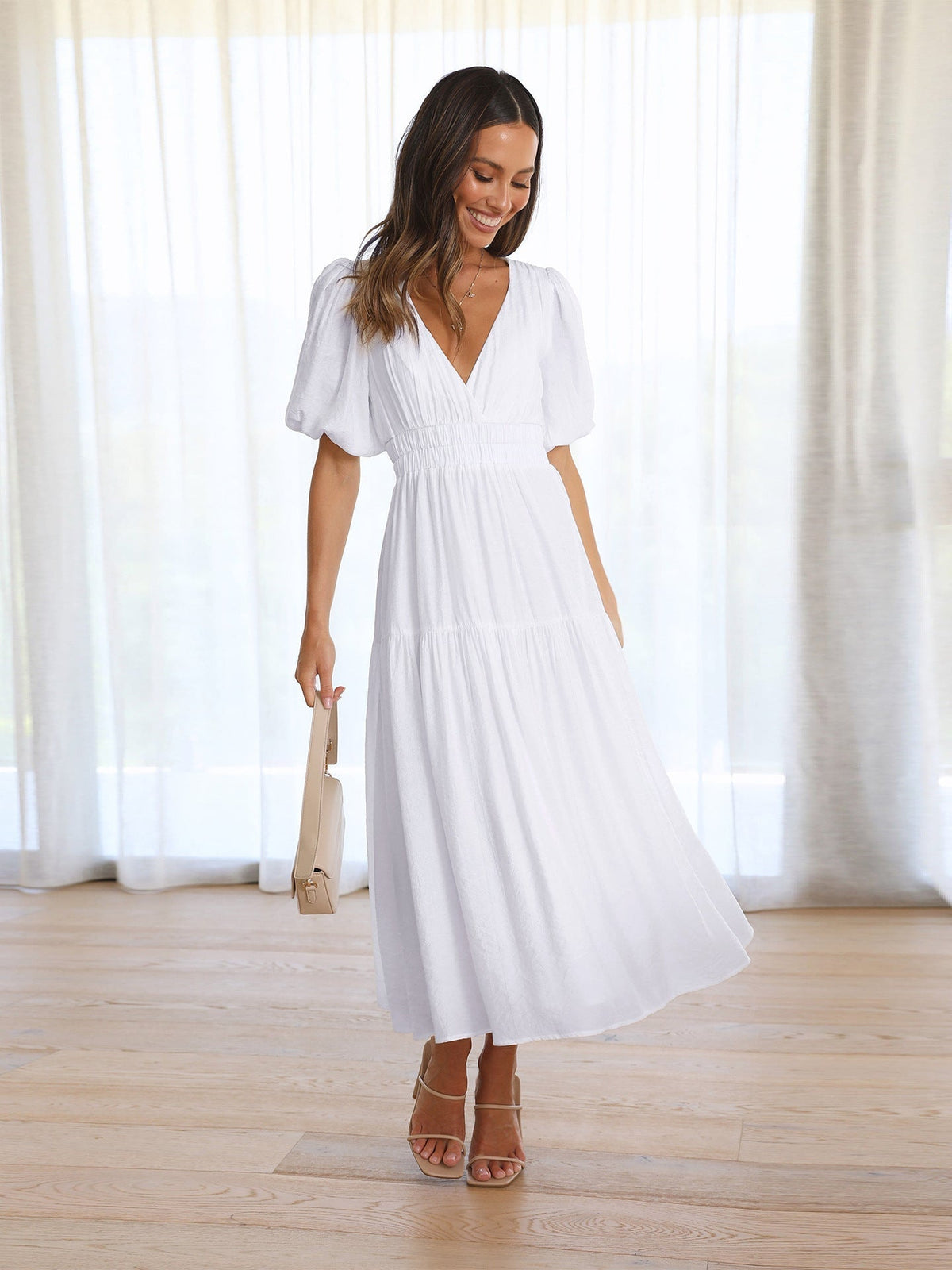 Damen-Midikleid mit V-Ausschnitt und Puffärmeln