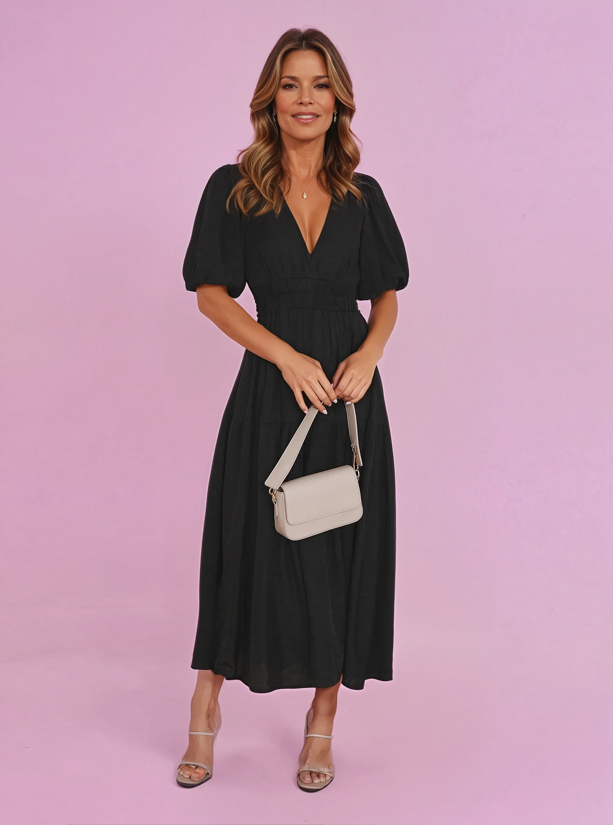 Damen-Midikleid mit V-Ausschnitt und Puffärmeln