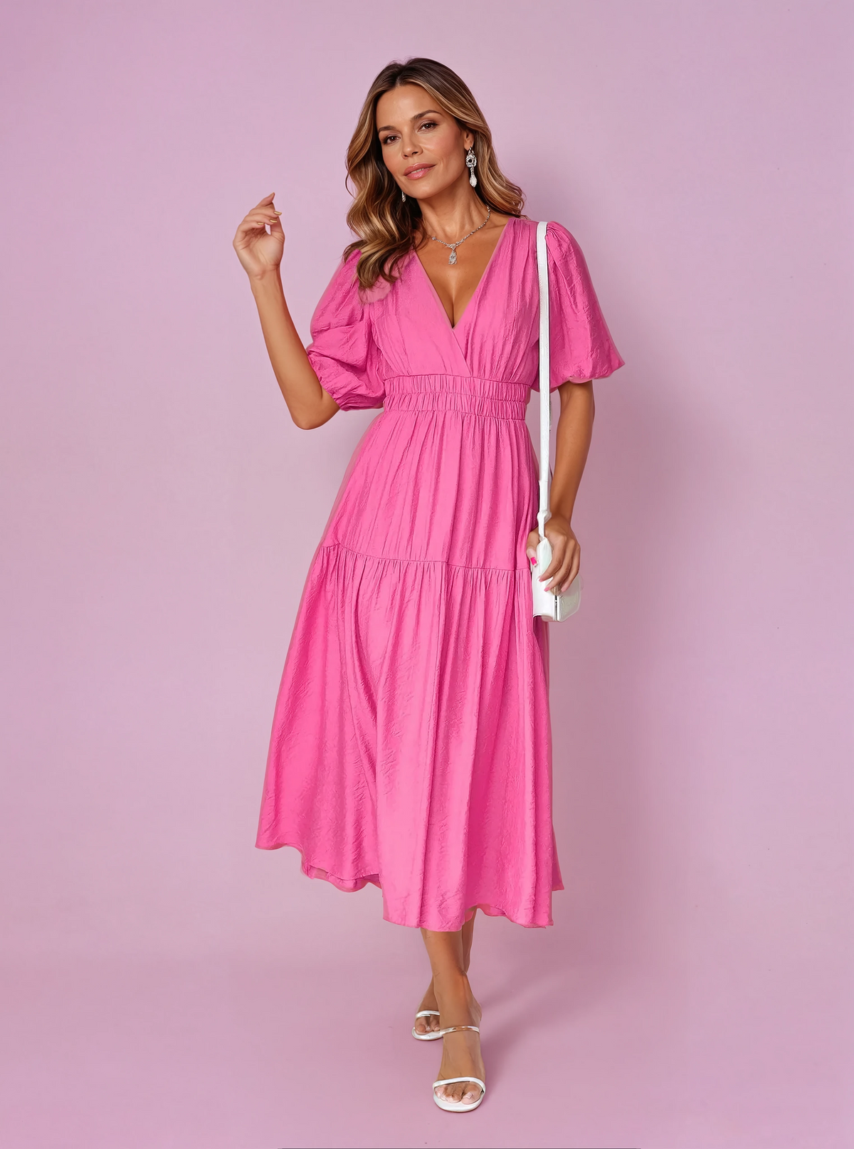 Damen-Midikleid mit V-Ausschnitt und Puffärmeln