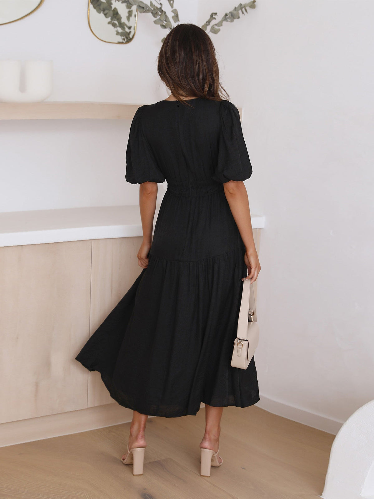 Damen-Midikleid mit V-Ausschnitt und Puffärmeln