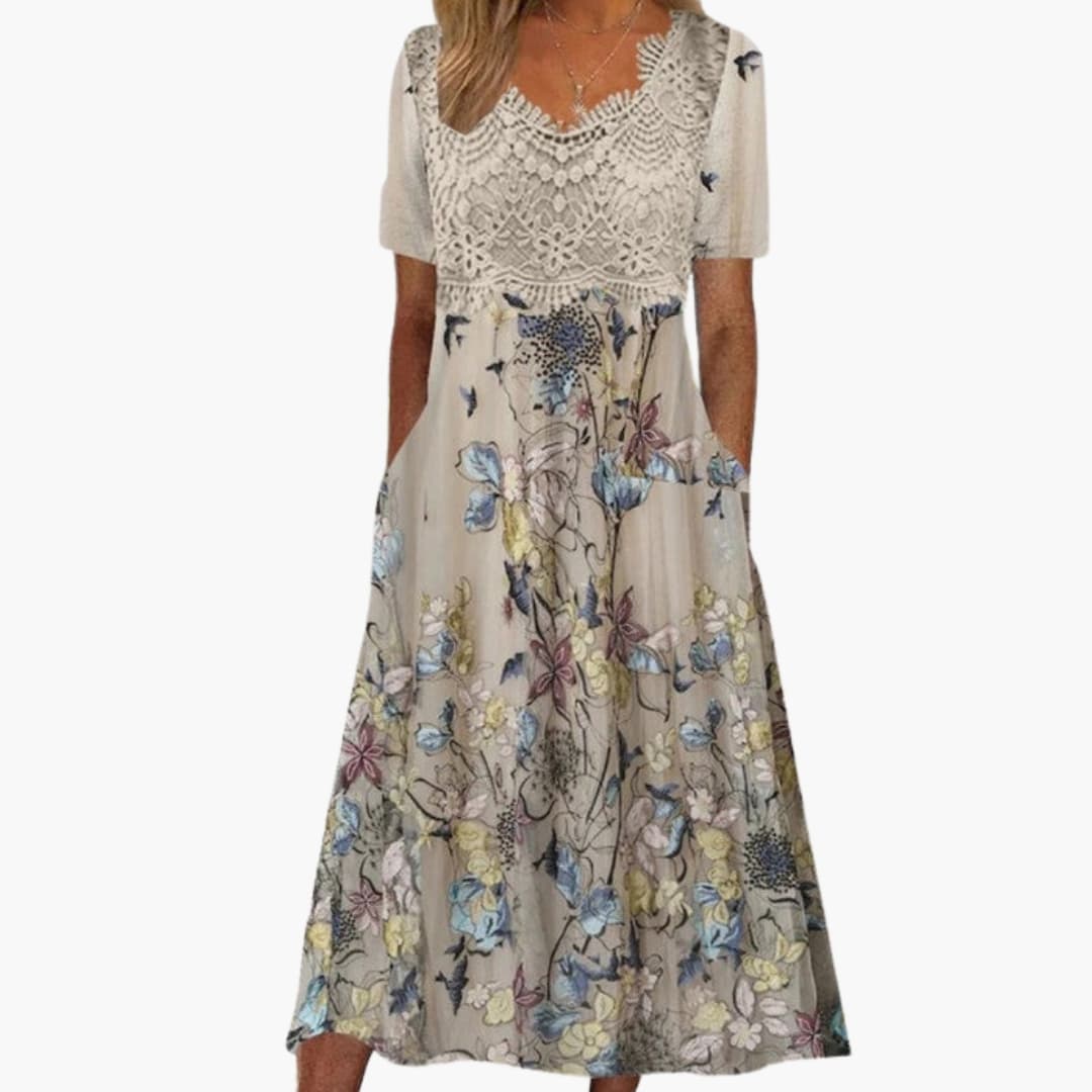 Damen-Midikleid mit V-Ausschnitt und Spitzendetail