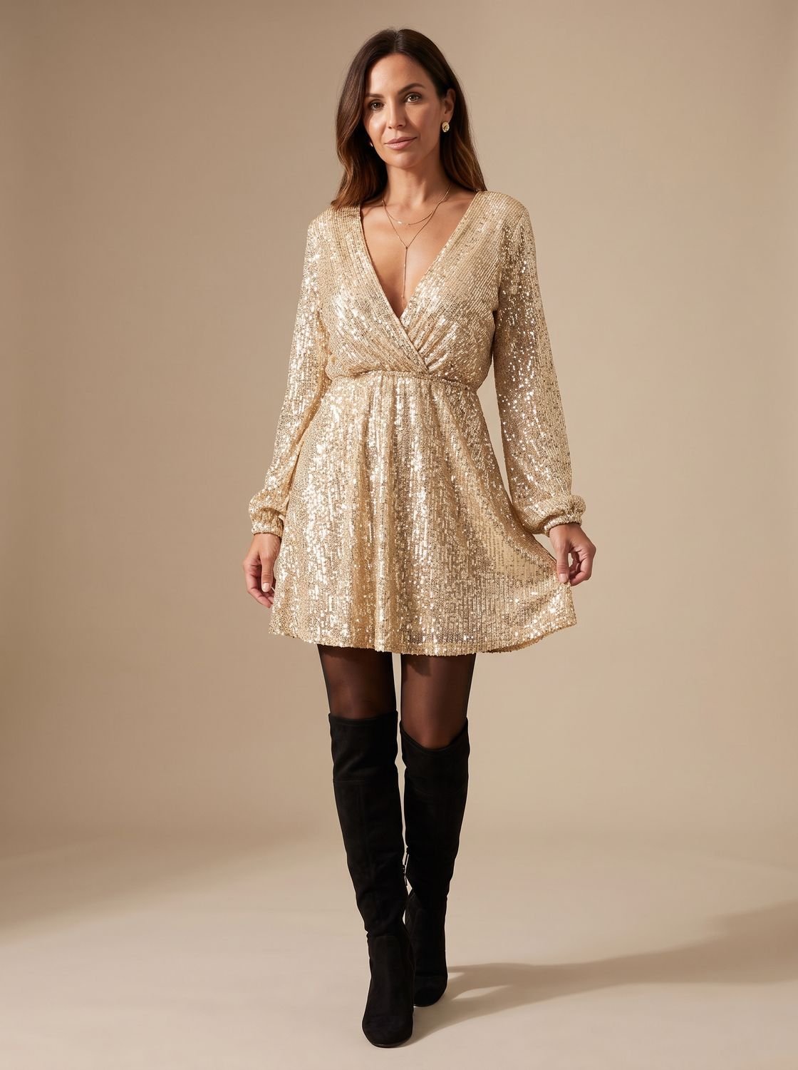 Damen-Minikleid in Wickeloptik mit goldenen Pailletten und langen Ärmeln für die Weihnachtsfeier