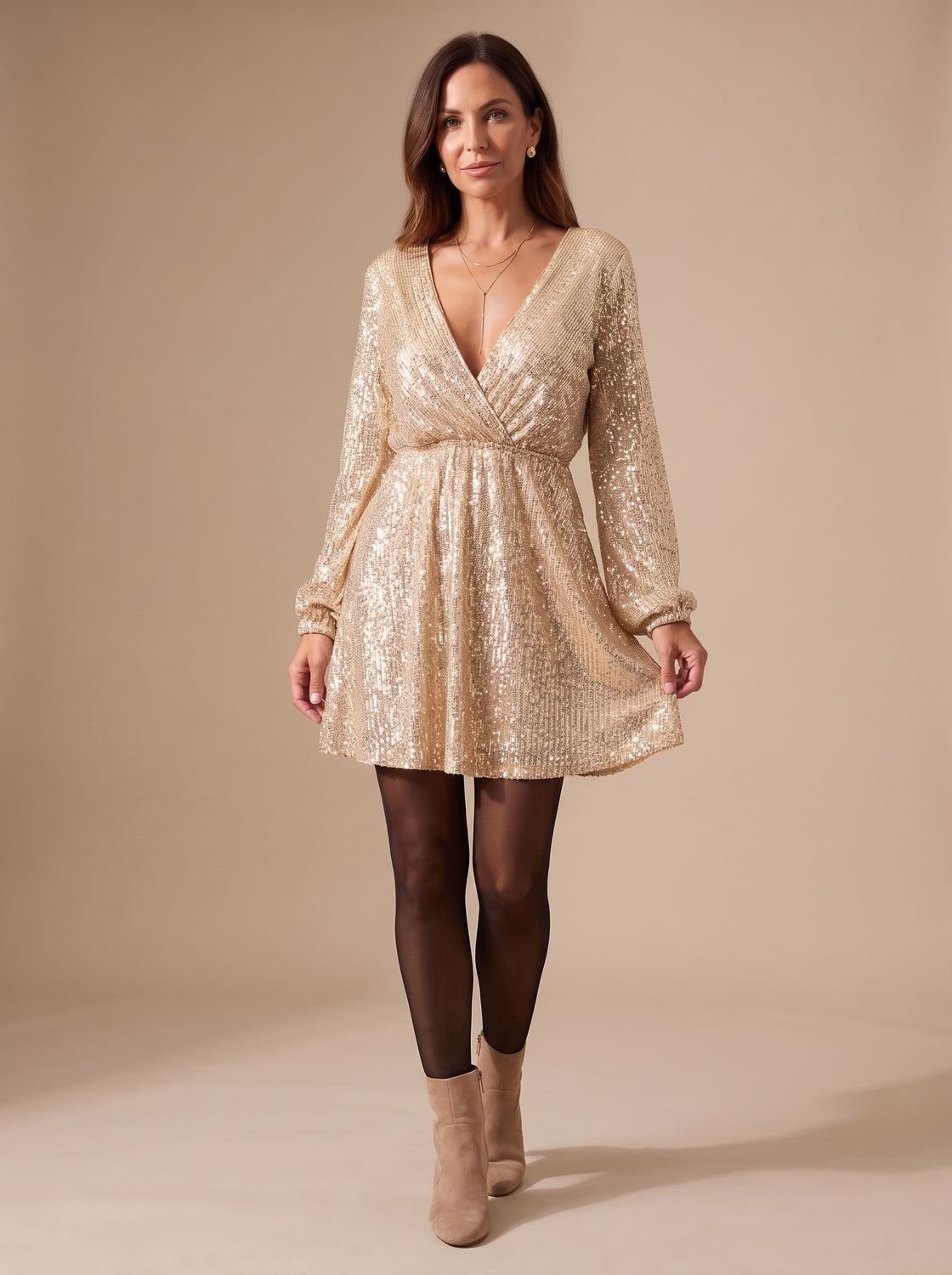 Damen-Minikleid in Wickeloptik mit goldenen Pailletten und langen Ärmeln für die Weihnachtsfeier