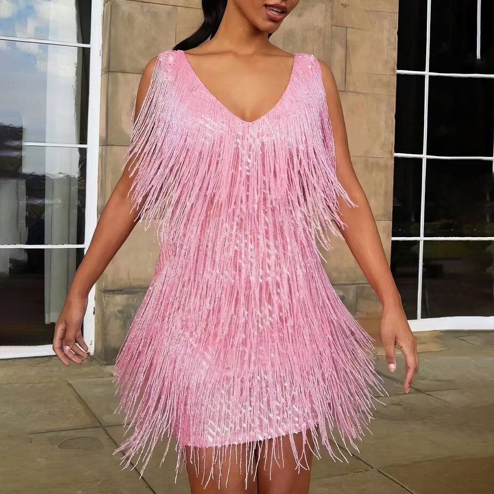 Damen-Minikleid mit Fransen und V-Ausschnitt
