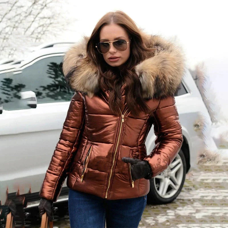 Damen-Pufferjacke mit Kunstfellkapuze