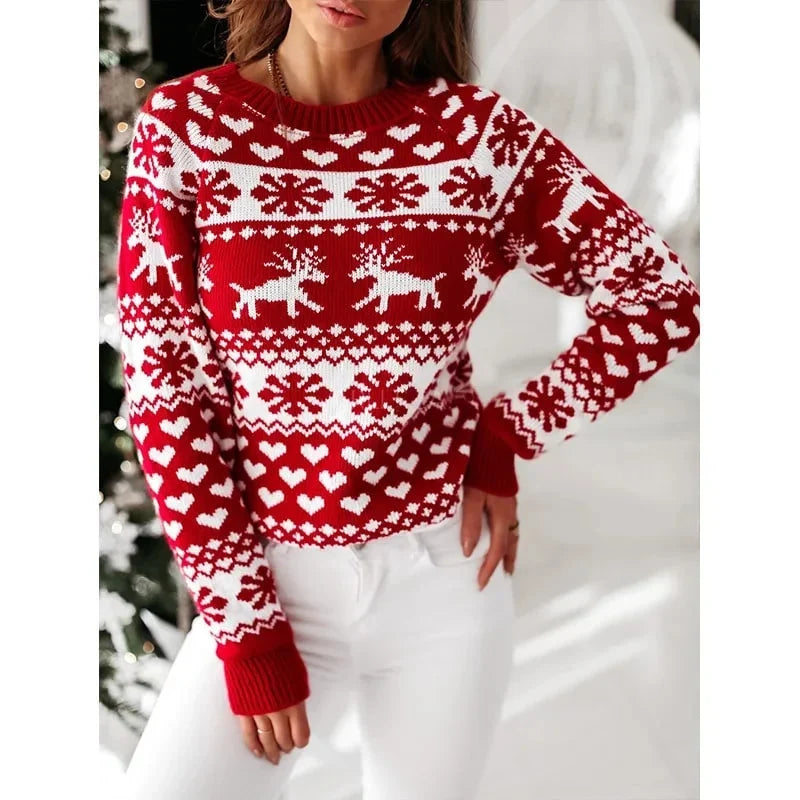 Damen-Pullover mit weihnachtlichem Muster, Polyacryl-Polyester-Mischung, langen Ärmeln, winterlicher Stil