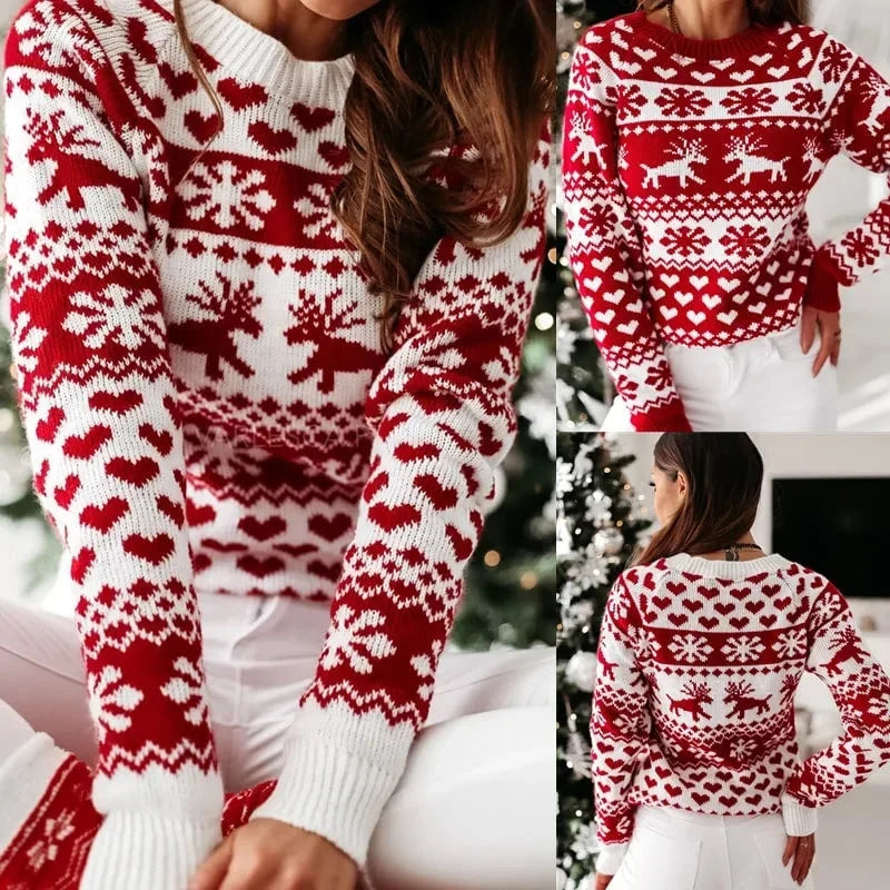 Damen-Pullover mit weihnachtlichem Muster, Polyacryl-Polyester-Mischung, langen Ärmeln, winterlicher Stil