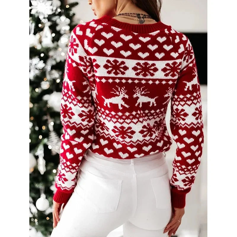Damen-Pullover mit weihnachtlichem Muster, Polyacryl-Polyester-Mischung, langen Ärmeln, winterlicher Stil