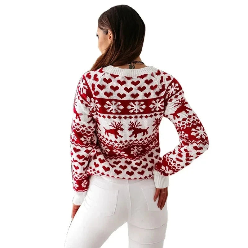 Damen-Pullover mit weihnachtlichem Muster, Polyacryl-Polyester-Mischung, langen Ärmeln, winterlicher Stil