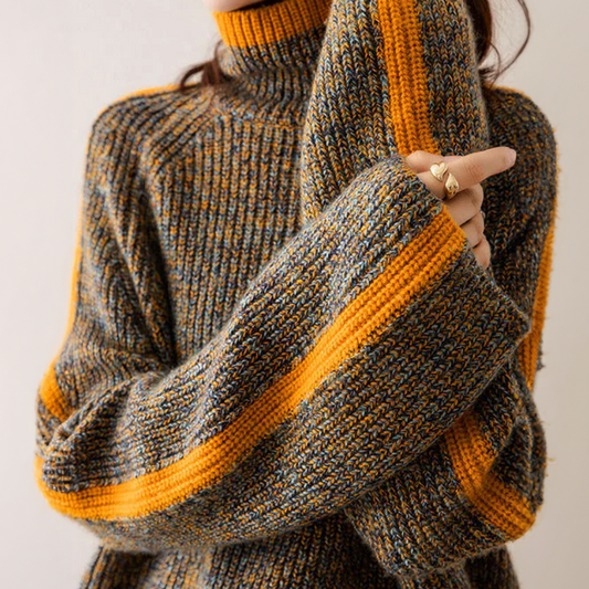 Damen-Rollkragenpullover mit gestreiften Ärmeln