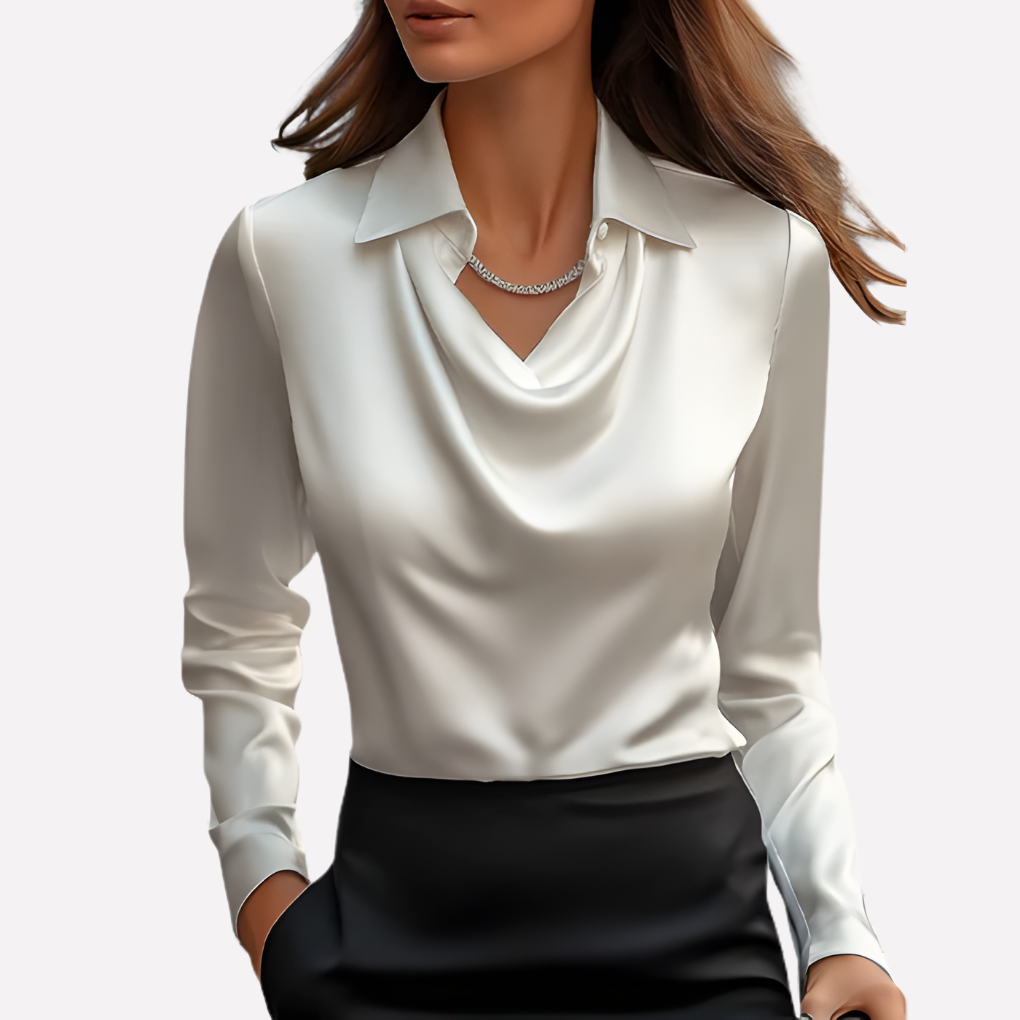 Damen-Satinbluse mit Wasserfallkragen und langen Ärmeln