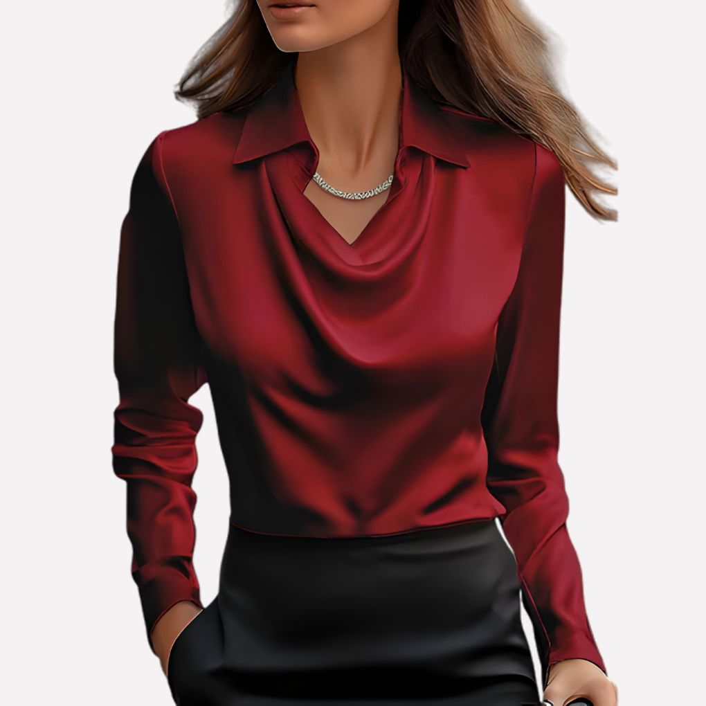 Damen-Satinbluse mit Wasserfallkragen und langen Ärmeln