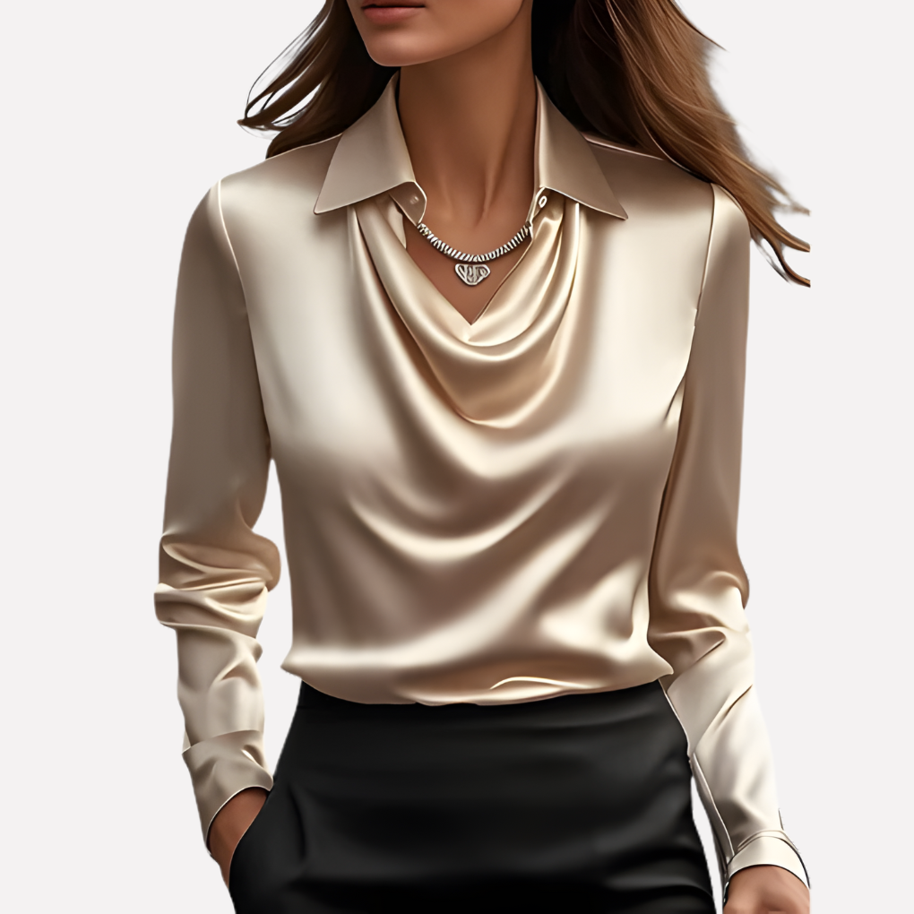 Damen-Satinbluse mit Wasserfallkragen und langen Ärmeln
