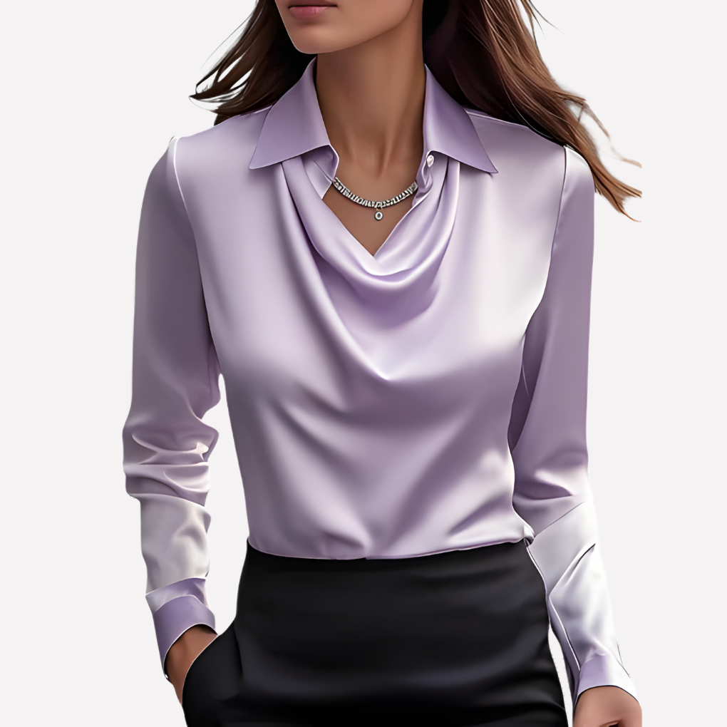 Damen-Satinbluse mit Wasserfallkragen und langen Ärmeln