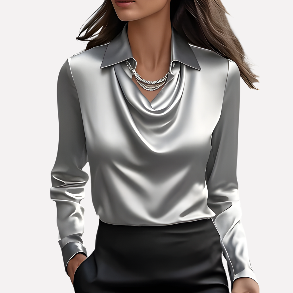 Damen-Satinbluse mit Wasserfallkragen und langen Ärmeln
