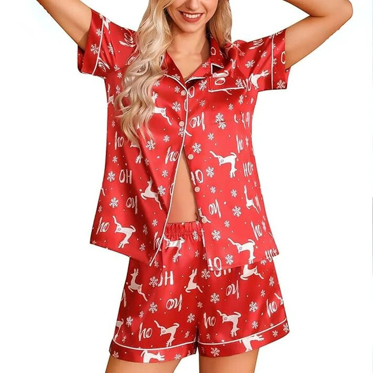 Damen-Schlafanzug aus Satin – kurzes Weihnachtsset mit Bluse und Shorts