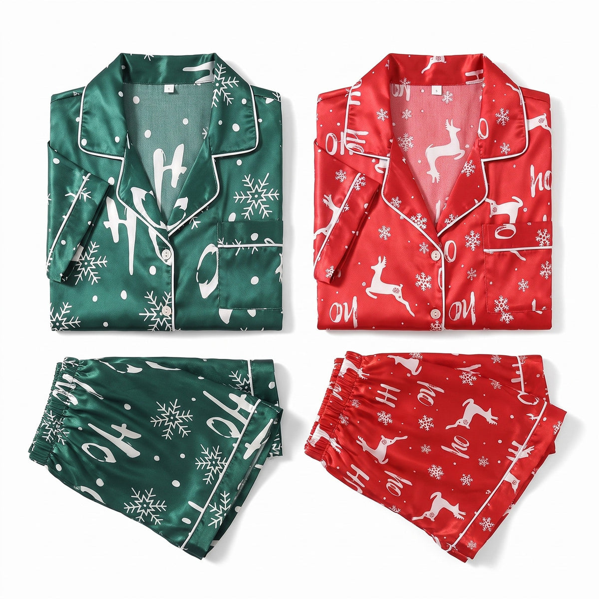 Damen-Schlafanzug aus Satin – kurzes Weihnachtsset mit Bluse und Shorts