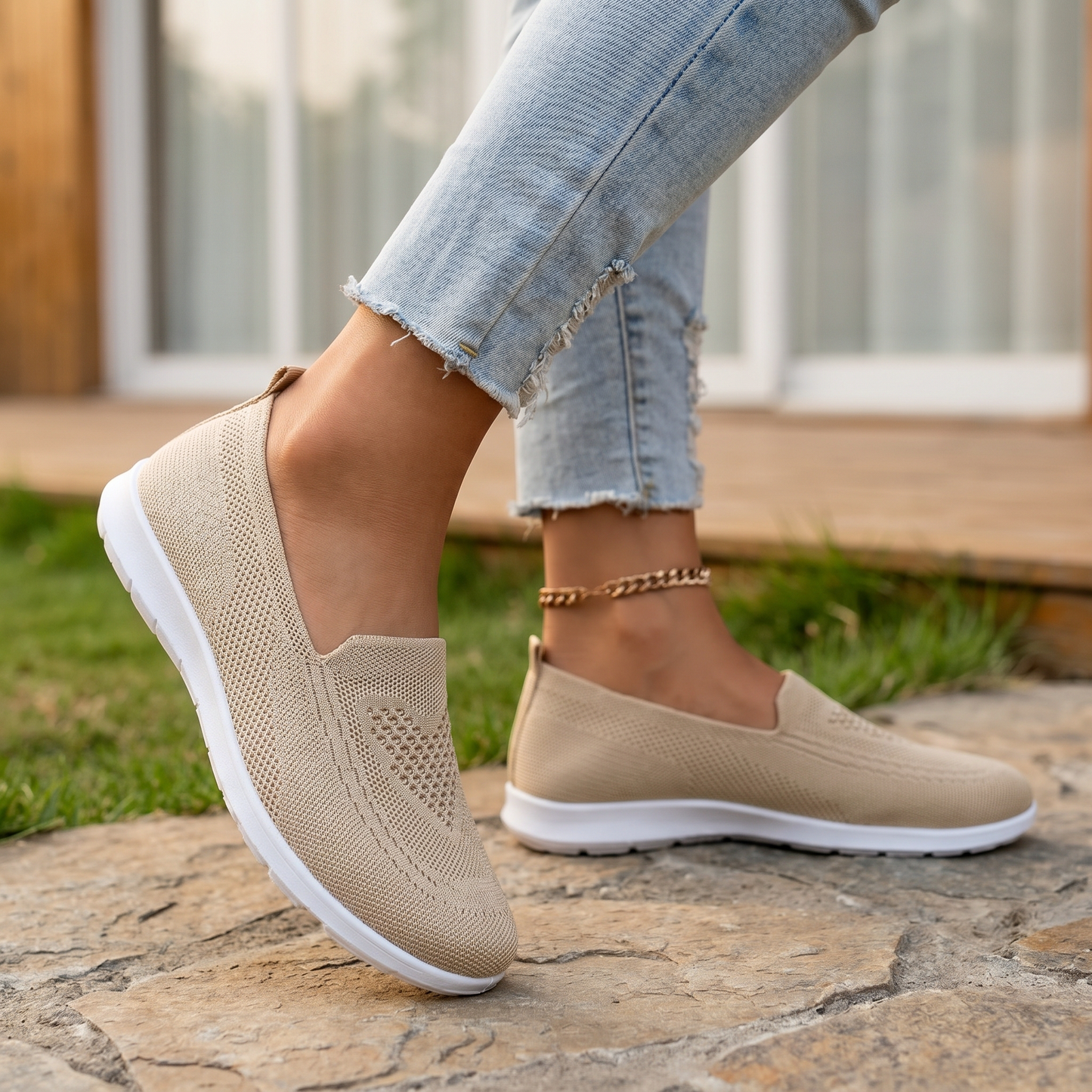 Damen-Slip-On-Sneaker aus Strick | Atmungsaktive, gedämpfte Wanderschuhe