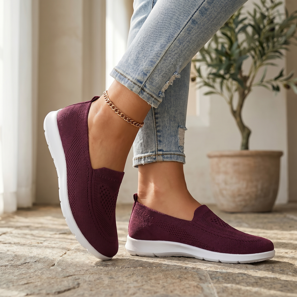 Damen-Slip-On-Sneaker aus Strick | Atmungsaktive, gedämpfte Wanderschuhe