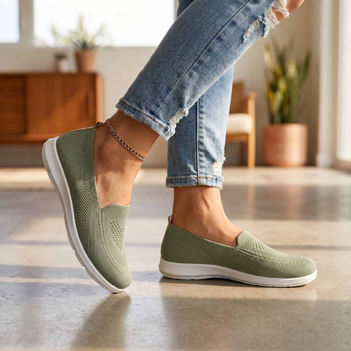 Damen-Slip-On-Sneaker aus Strick | Atmungsaktive, gedämpfte Wanderschuhe