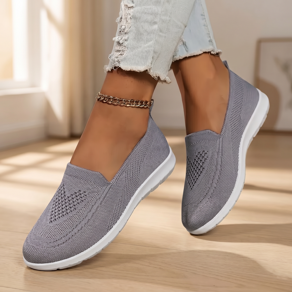 Damen-Slip-On-Sneaker aus Strick | Atmungsaktive, gedämpfte Wanderschuhe