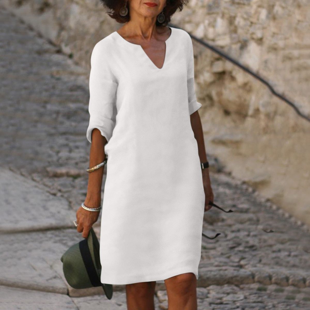 Damen-Sommer-Midikleid aus Leinen mit V-Ausschnitt