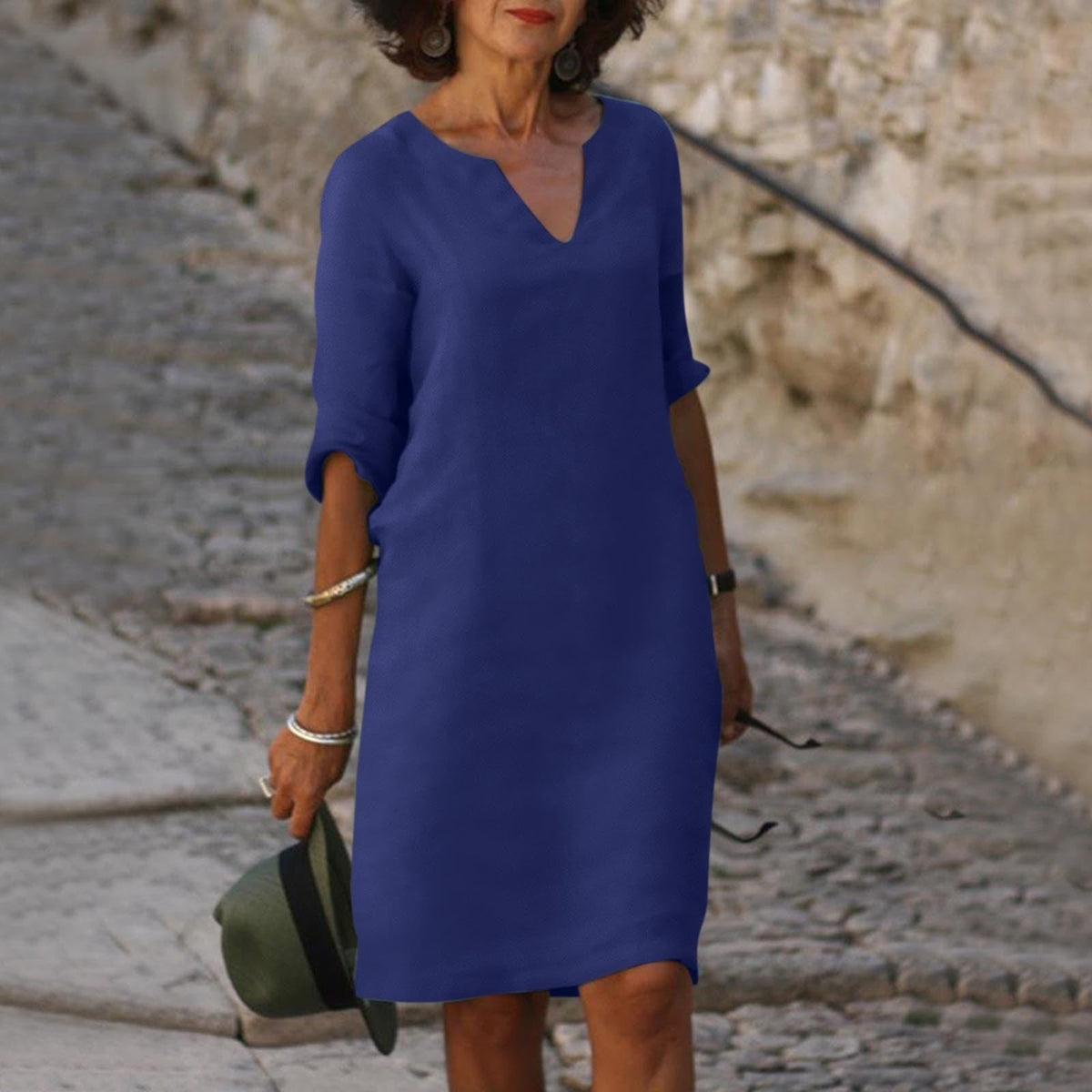 Damen-Sommer-Midikleid aus Leinen mit V-Ausschnitt