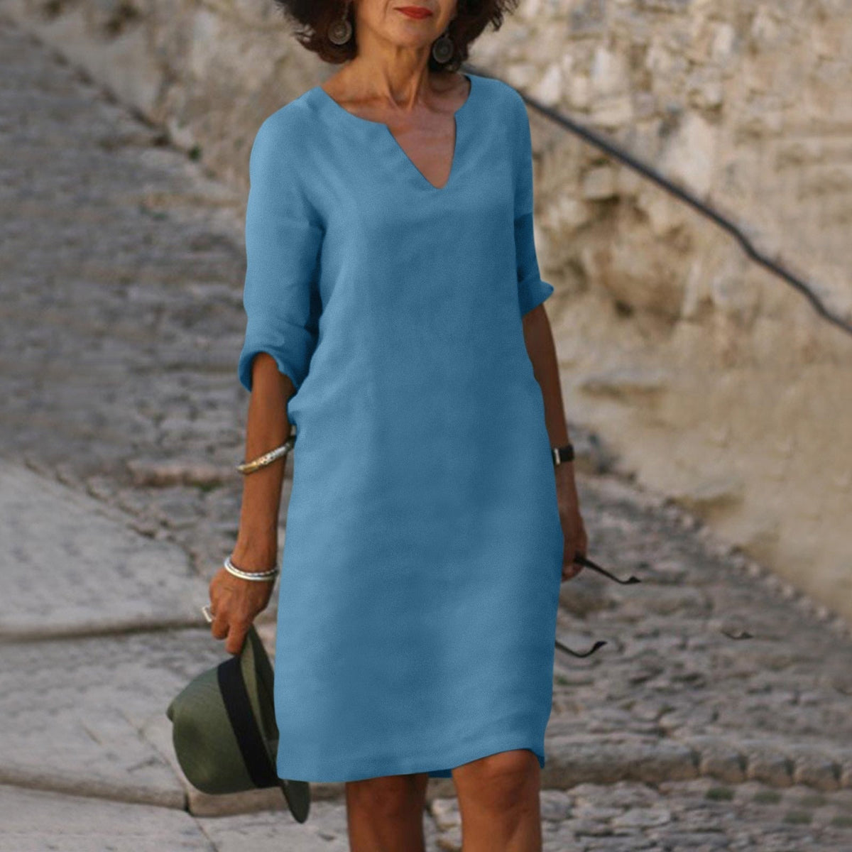 Damen-Sommer-Midikleid aus Leinen mit V-Ausschnitt