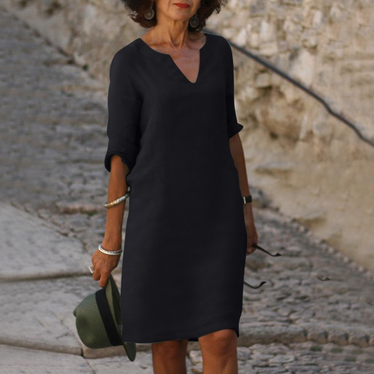 Damen-Sommer-Midikleid aus Leinen mit V-Ausschnitt