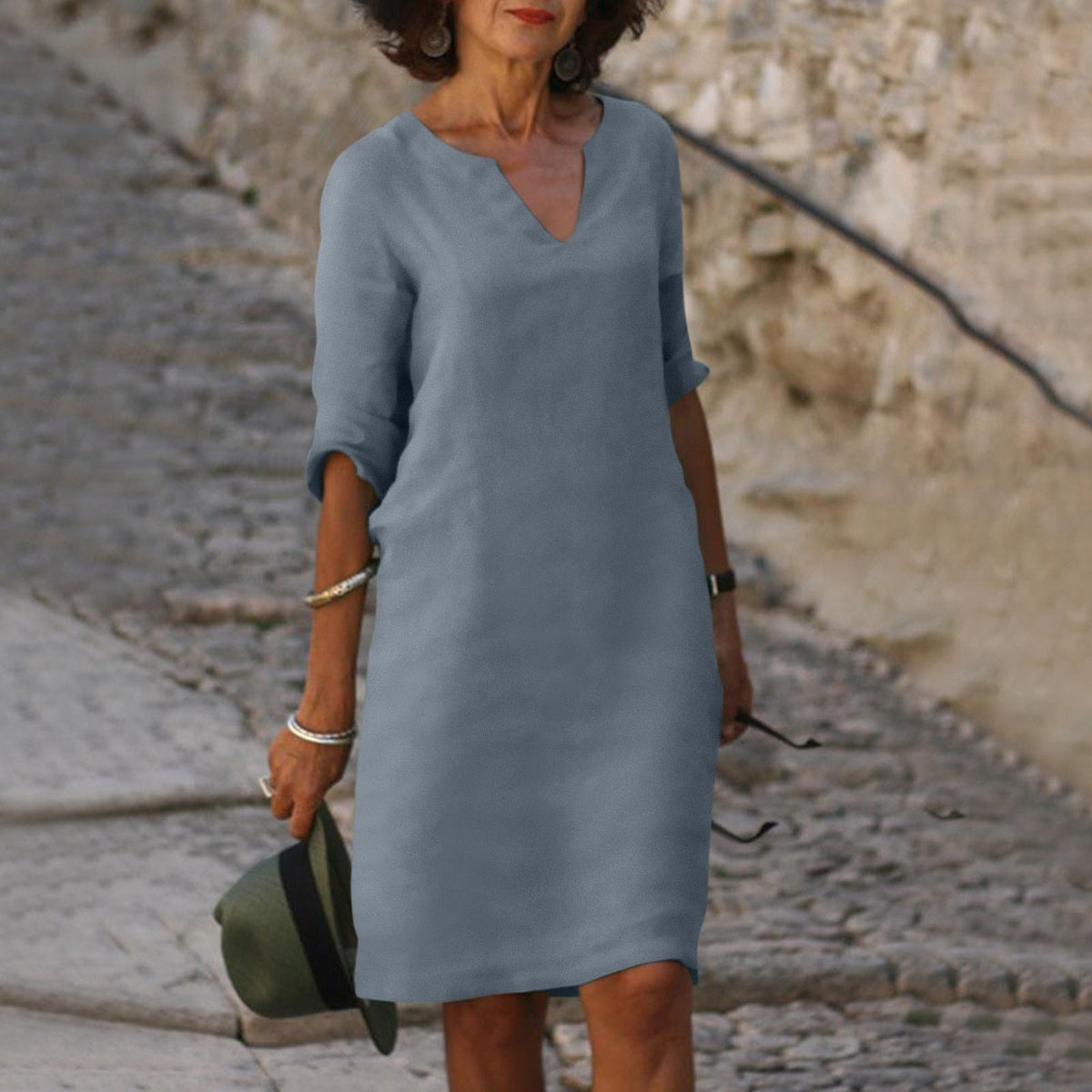 Damen-Sommer-Midikleid aus Leinen mit V-Ausschnitt