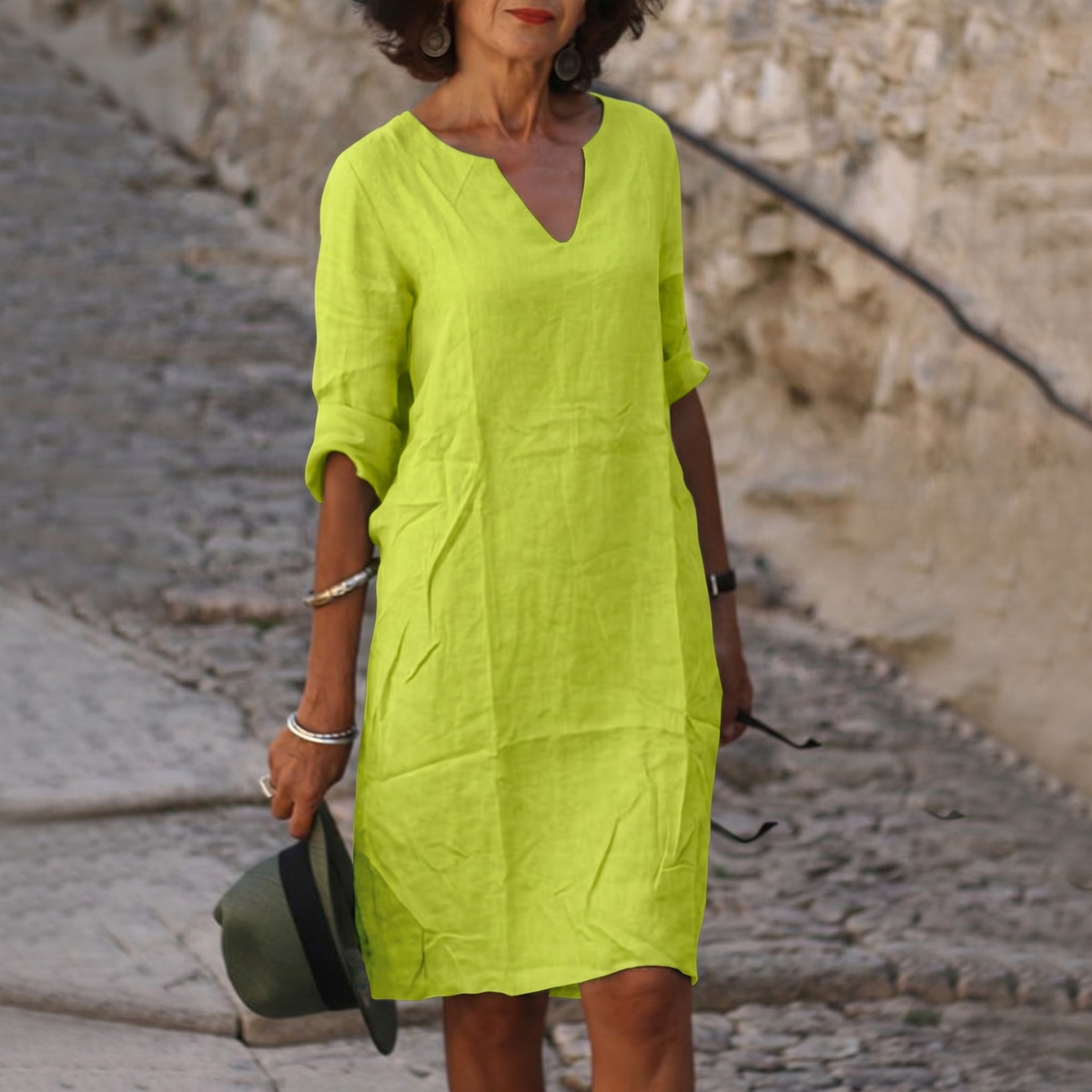 Damen-Sommer-Midikleid aus Leinen mit V-Ausschnitt