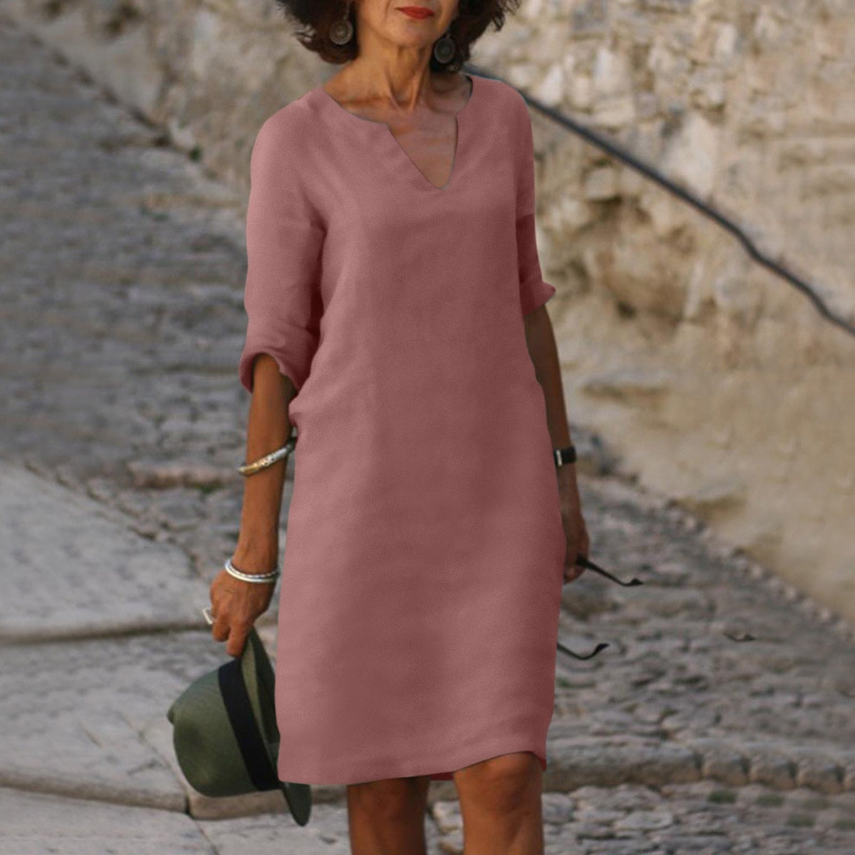 Damen-Sommer-Midikleid aus Leinen mit V-Ausschnitt