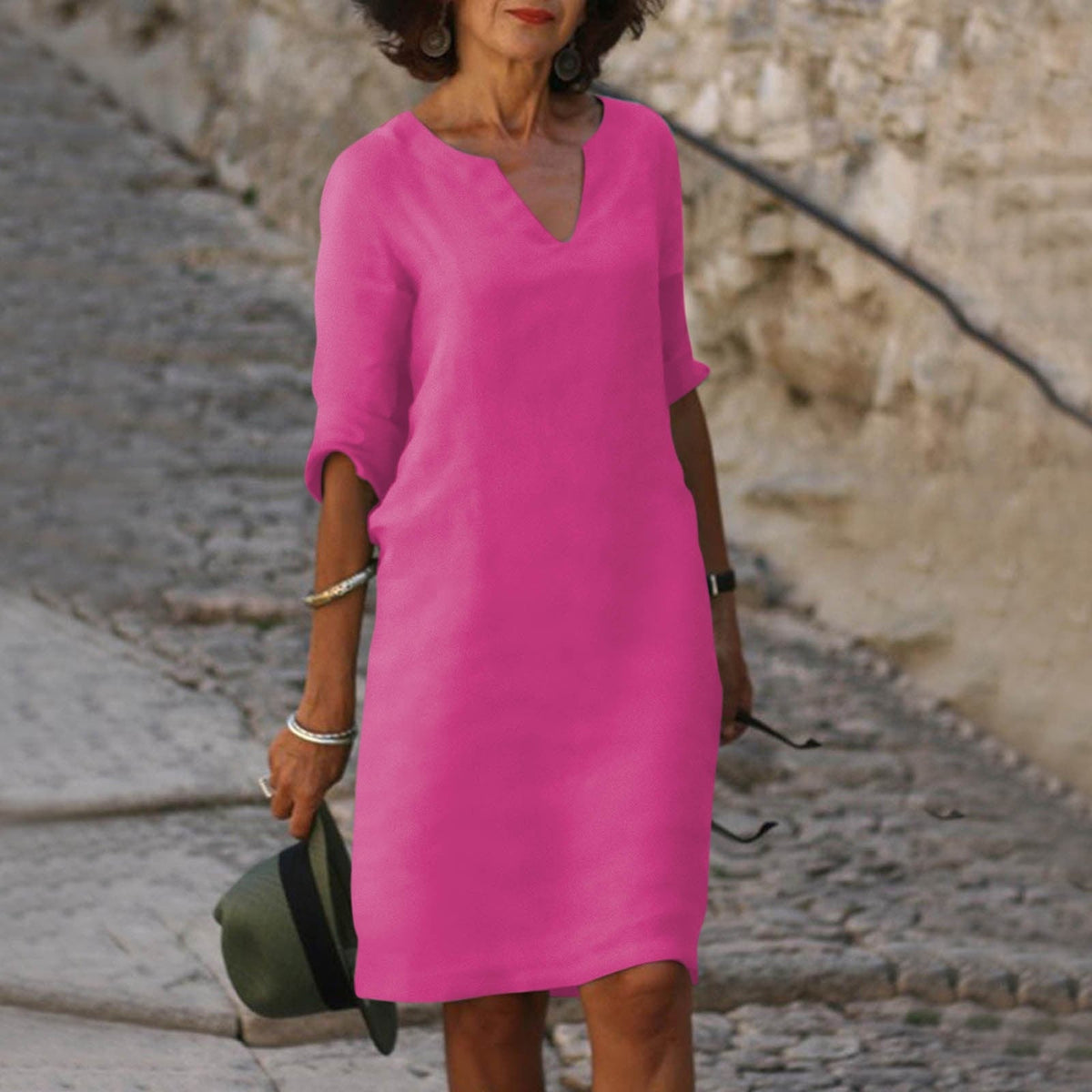 Damen-Sommer-Midikleid aus Leinen mit V-Ausschnitt