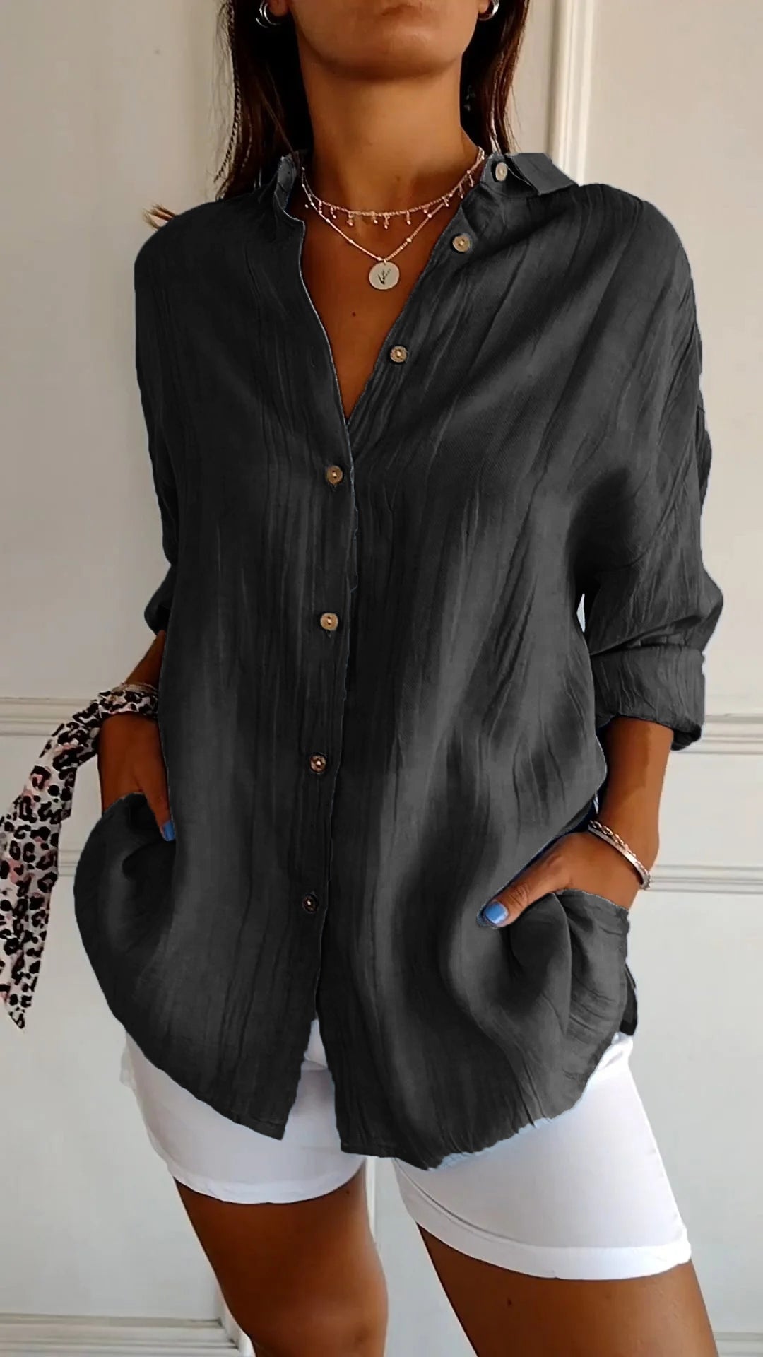 Damen-Sommerbluse mit Langarm – Luftiges Leinen-Seiden-Gemisch mit Faltenwurf und skandinavischer Küsten-Eleganz